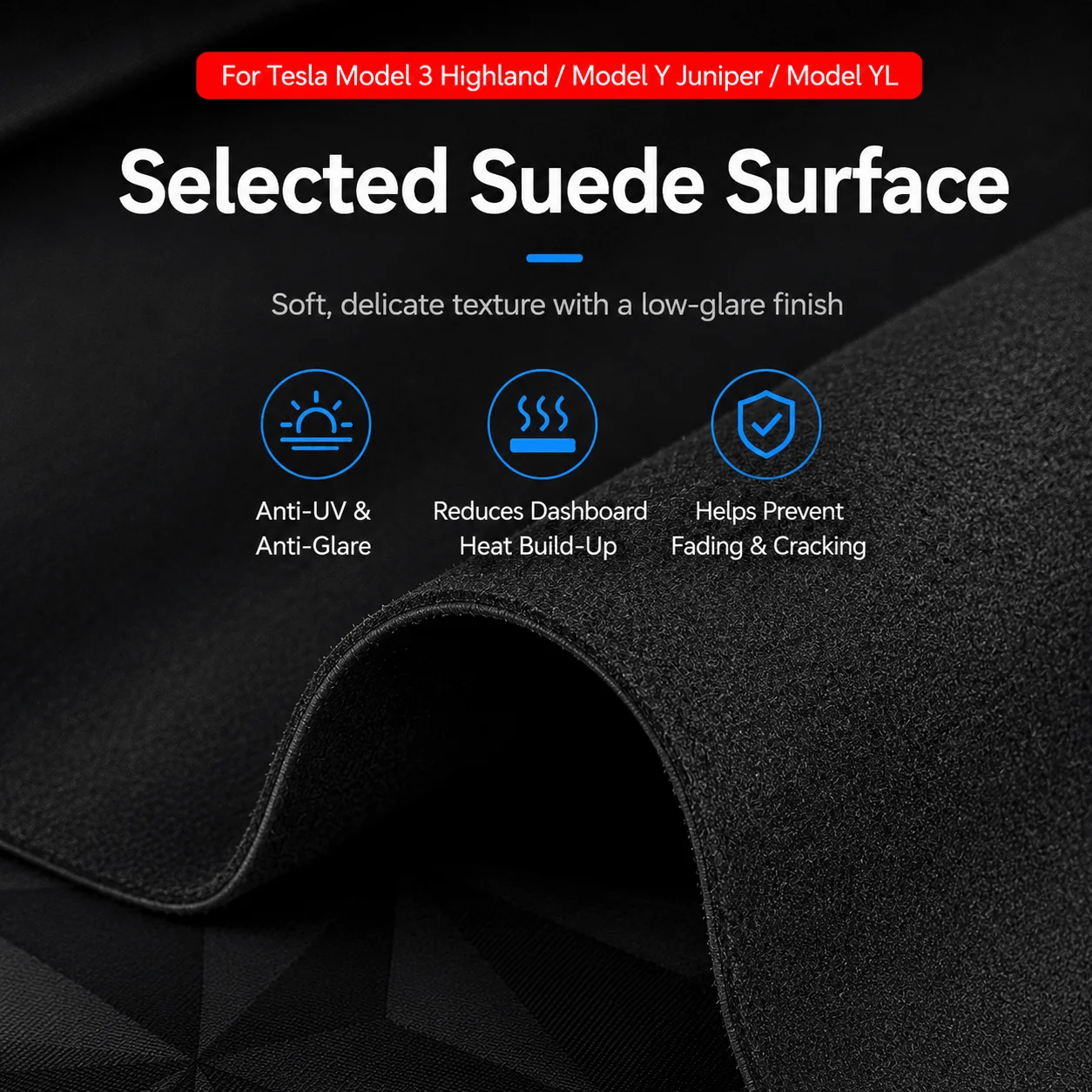 Armaturenbrett Anti-UV-Matte Abdeckung für Tesla Model 3 Y 2021-2026 Juniper Highland MYL Wildleder Sonnenschutz Pad Auto Zubehör – Detail 5