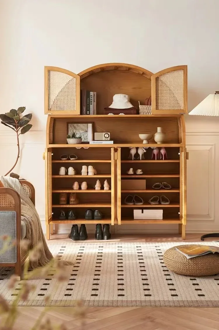 Furniture: Natural wood semi-circular top living room shoe cabinet