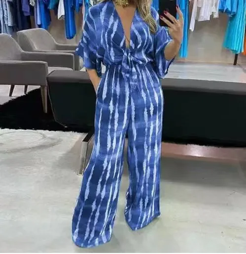 Prints Jumpsuit Romper For Women Fashion Dolman Sleeves V Neck Lace Up High Waist Loose Wide Legs Jumpsuits Playsuit Overalls