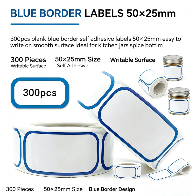 300pcs blank blue border self adhesive labels 50×25mm easy to write on smooth surface ideal for kitchen jars spice bottles tea c
