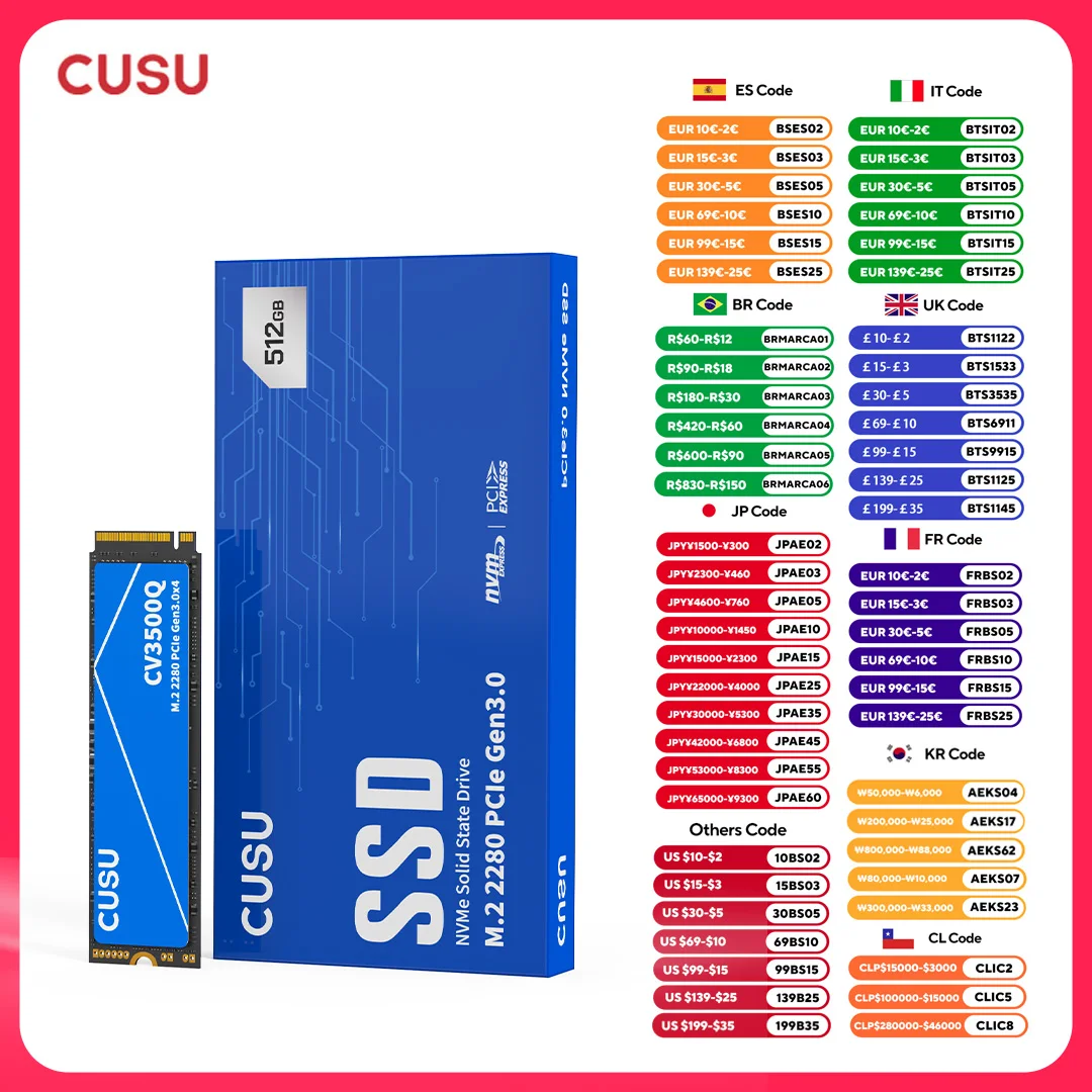 CUSU SSD NVMe M2 512 GB 1 TB 2 TB SSD PCIe3.0 M.2 2280 Disco rigido a stato solido per laptop desktop