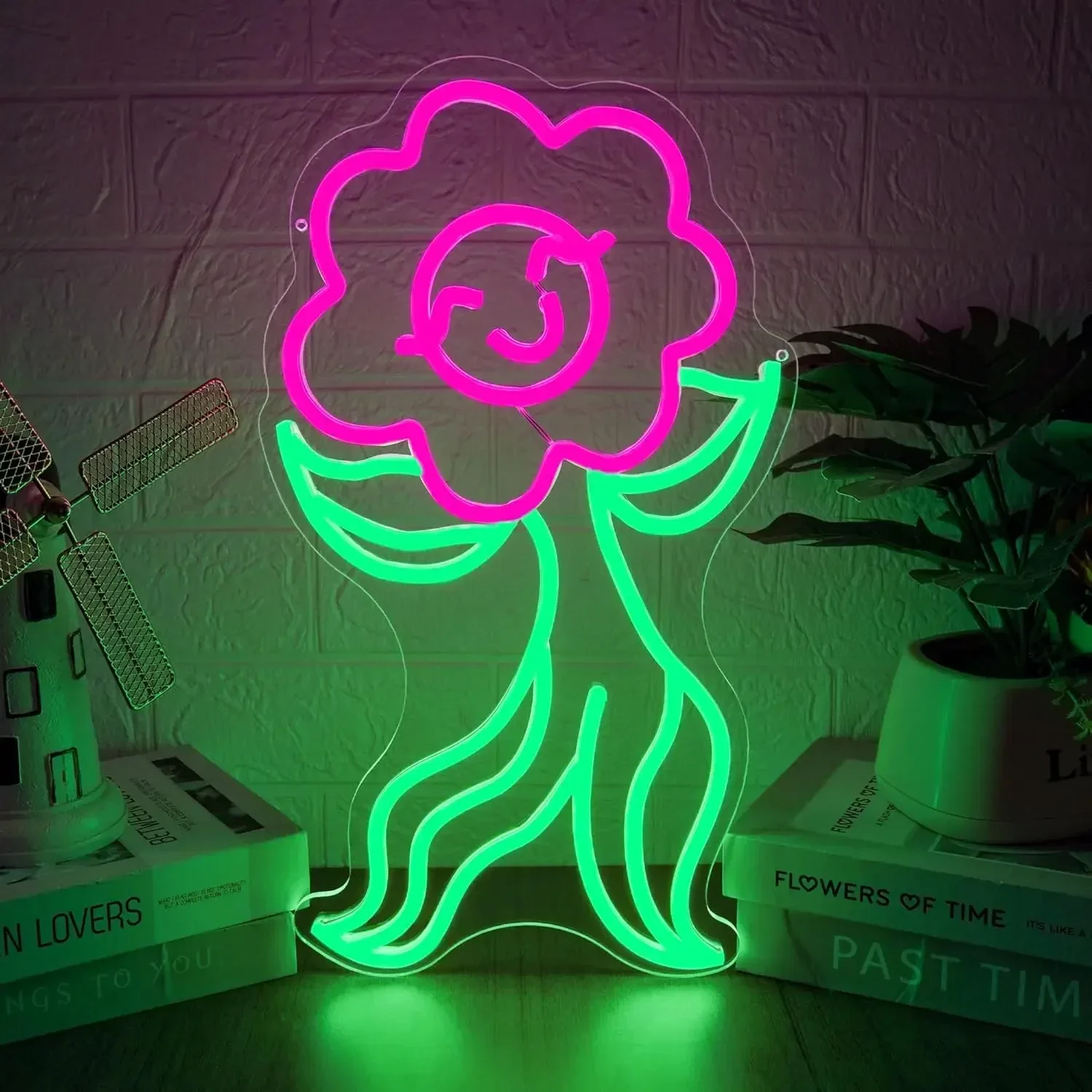 Smiley Flower Neon Sign Cute Floral LED Wall Art USB Powered Glow Lamp Bedroom Living Room Garden Decor Girls Gift Hanging Light