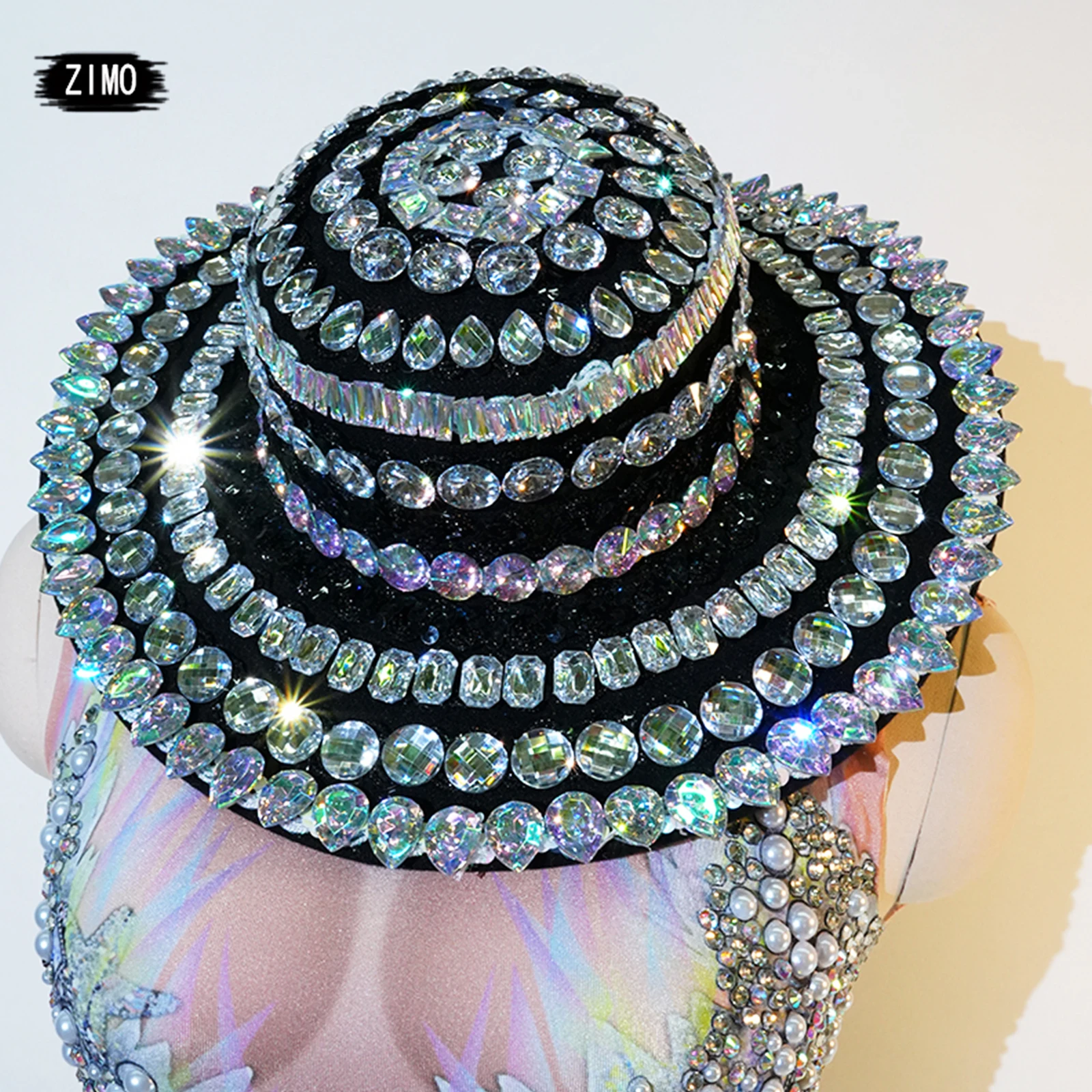 AB Rhinestone Jazz Hat Birthday Party Club Performance Stage Prom Dancer Singer Accessories CollocationDrag Queen Carnival wear