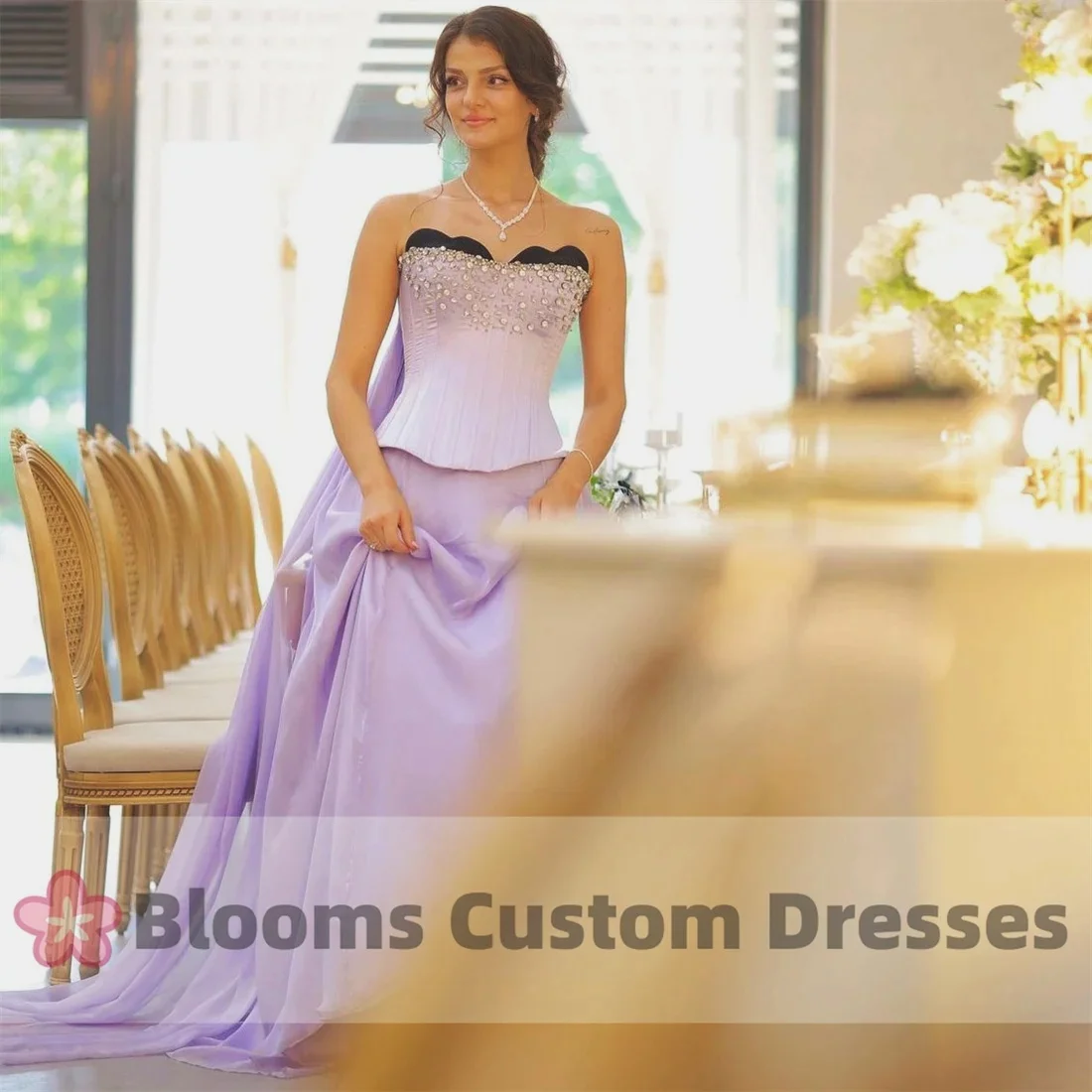 Blooms Lilac Chiffon Rhinestone Customized Luxury Evening Gown Sleeveless Lace-up Formal Occasion Party Dress For Prom Bride