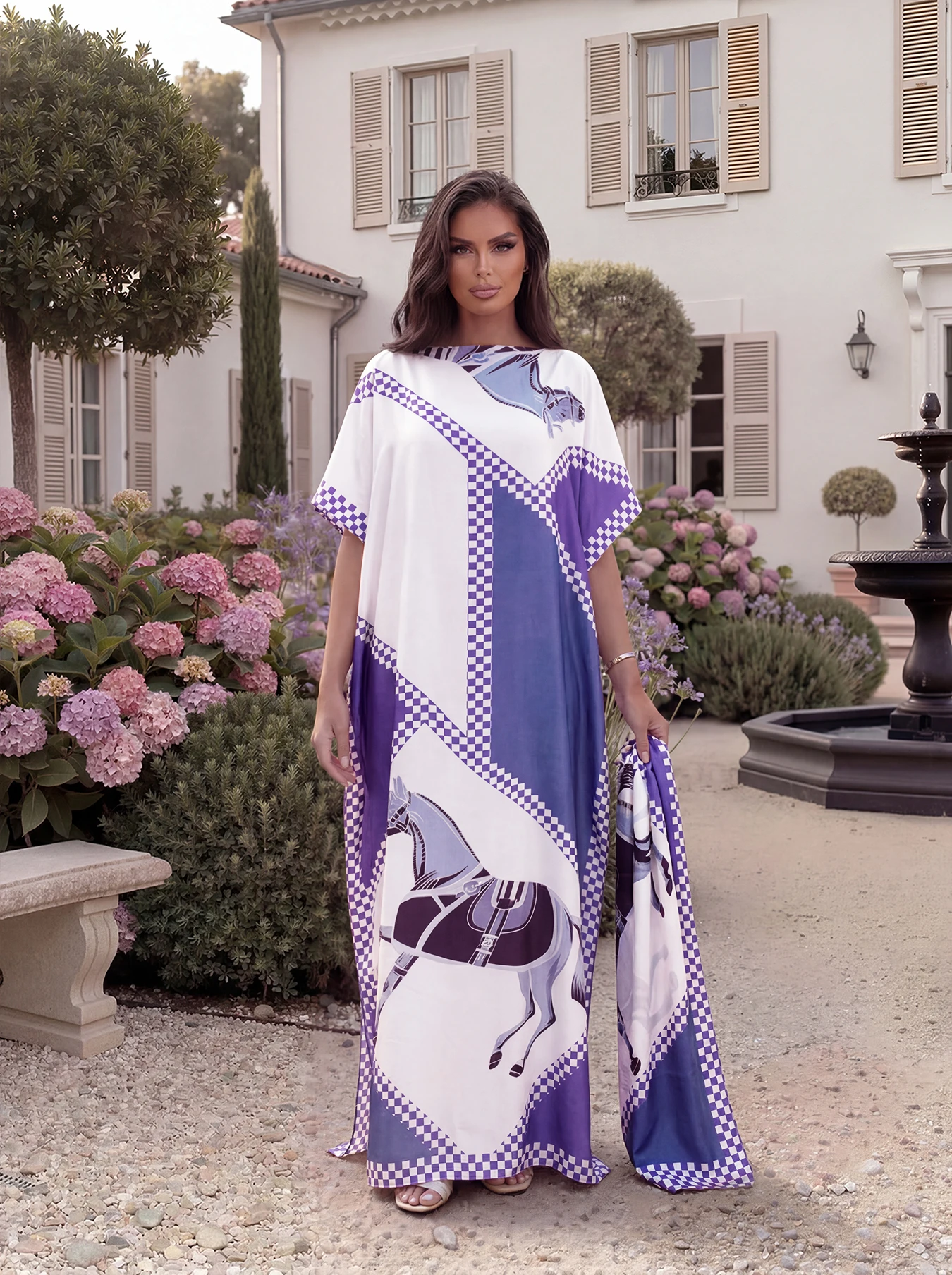 Checkered Diamond Horse Print Satin Abaya Scarf Set, Loose Batwing Kaftan For Muslim Women Summer Holiday Beach Wear view 6