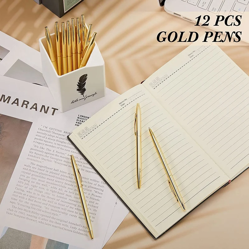 12 PCS Gold Slim Ballpoint Pens Black Ink 1 Mm Medium Point Metallic Retractable Pens For Students Teachers Office