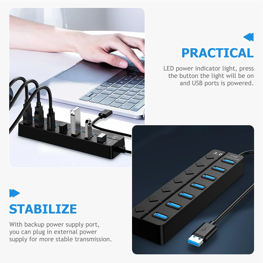 

7-Port Usb 3.0 Hub Thickened Copper Core 5Gbps High-Speed Transmission Led Indicator Plug Play External Power Supply Support