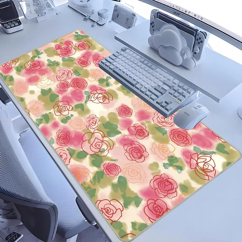 Mouse Pad Gamer Cartoon Green Leaves Pink Flower XL Computer Large New Mousepad XXL keyboard pad Soft Carpet Non-Slip Table Mat