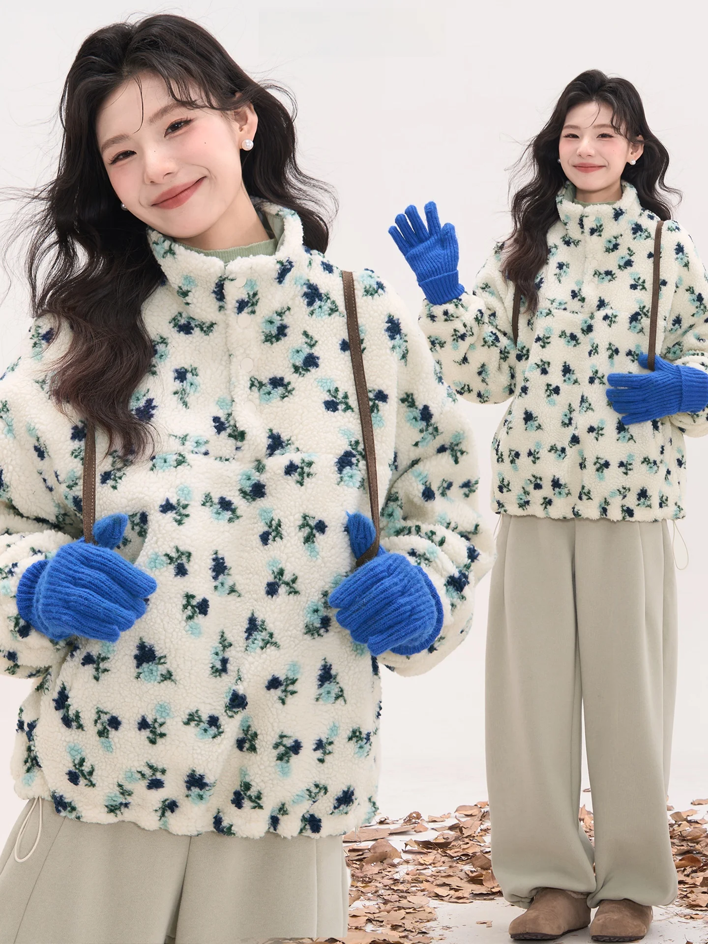 

Korean Sle Floral Print Fce Jaet Women's Single Button Stand Collar Thiened Winter Coat Casual Loose Fit Outerwear