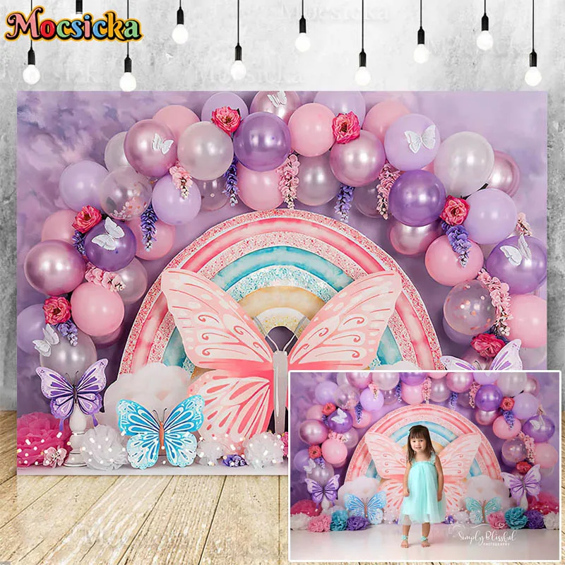 

Butterfly Pink Purple Balloon Photography Backdrops Garden Floral Newborn Cake Smash Background Girl Birthday Party Decor Props