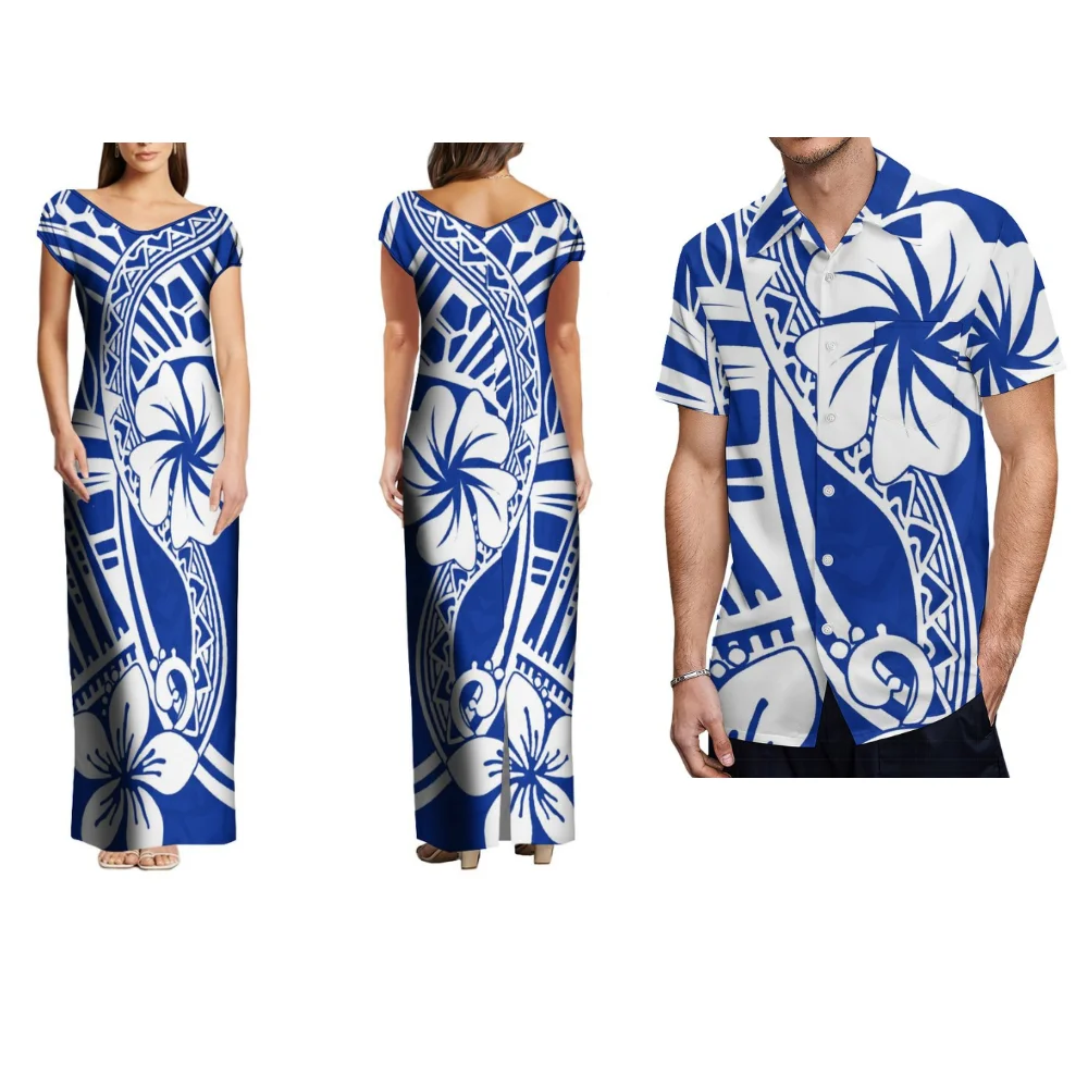 Ensemble de Couple polynésien, robe de soirée d'été, Samoan, hawaïen, fidjien, Tribal, imprimé, chemise pour hommes et femmes