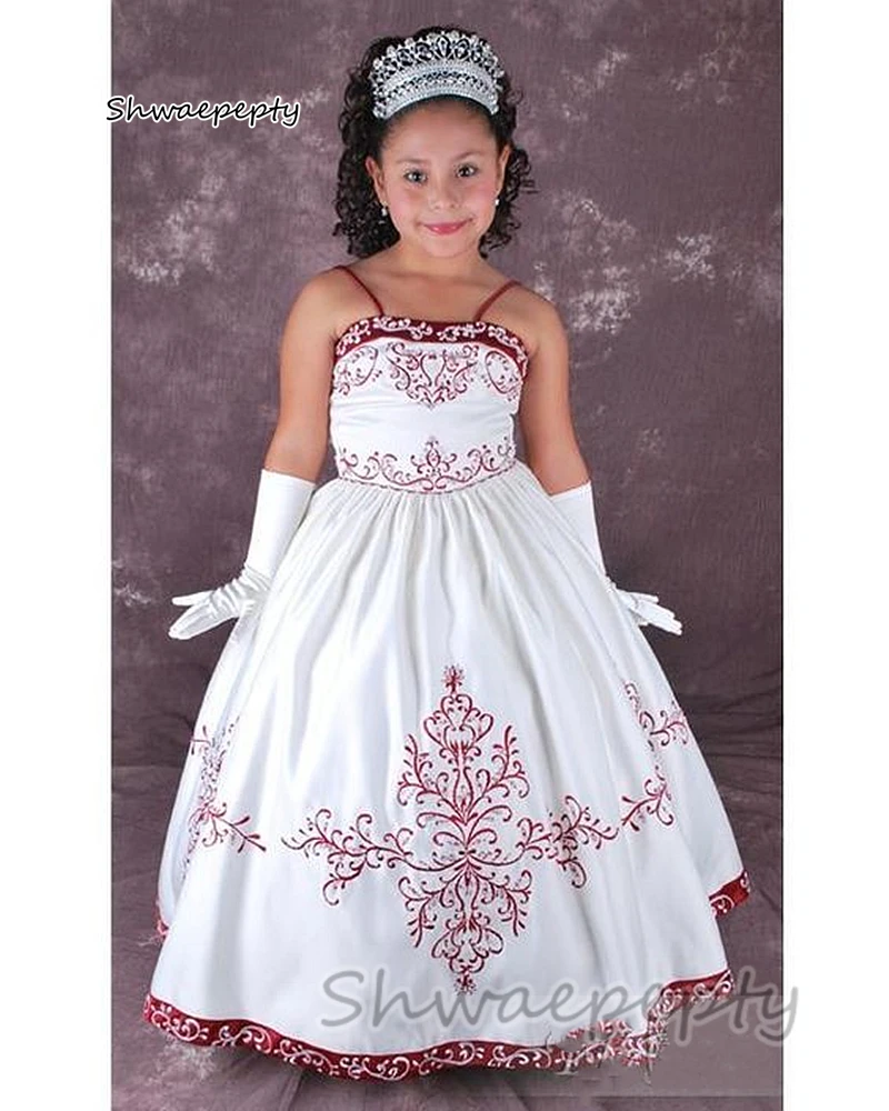 Vintage Embroidery A Line Flower Girls Dress For Wedding Party Floor Length White And Dark Red Satin Kids Formal Wear Customized