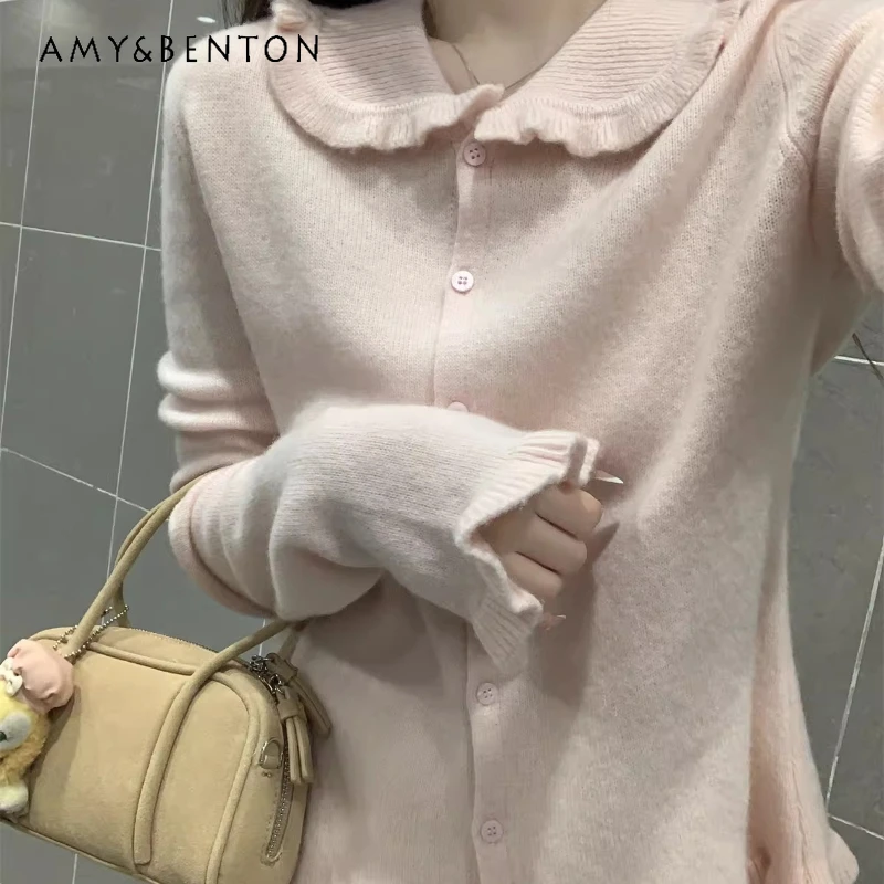

2026 Spring Autumn New Doll Collar Long Sleeve Women's Knitted Cardigan French Sweet Gentle Ruffled Edge Elegant Sweater Ladies