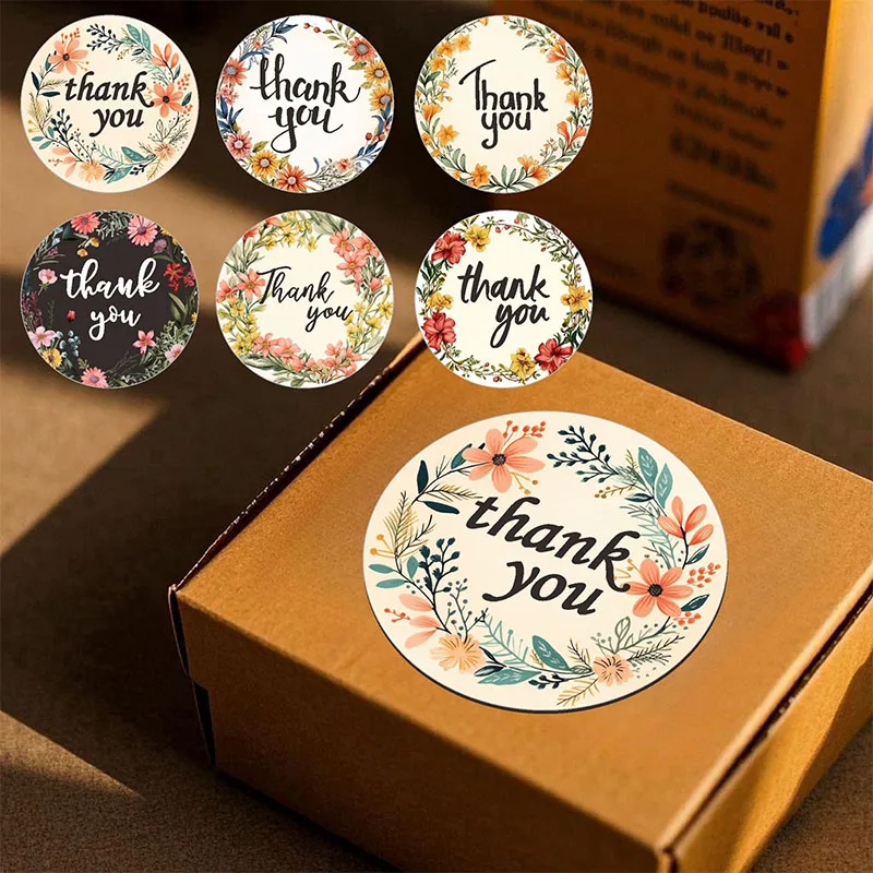 

60/120pcs Thank You Sticker Paper Round Flower Adhesive Labels Envelope Packaging Seal Decor For Wedding Party Thanksgiving Day