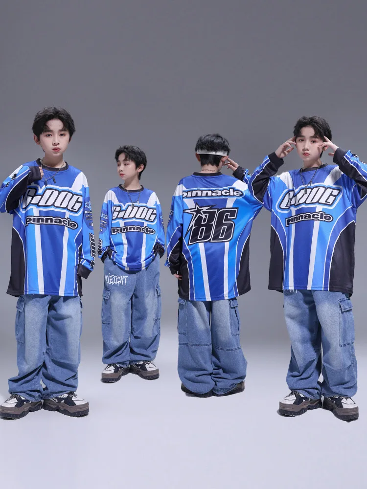 

Kids Kpop Hip Hop Clothing Blue Motorcycle Style Streetwear Top Denim Cargo Pants for Girls Boys Jazz Dance Costume Clothes