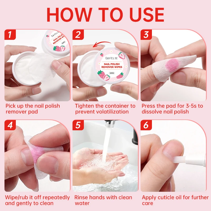 LILYCUTE 32Pcs Lint-Free Box Strawberry Nail Polish Remover Wipes Soft Absorbable Pads for Easy Manicure & Pedicure Bueaty Care image 5