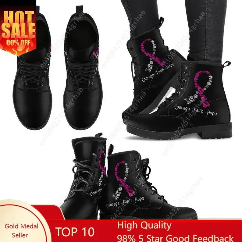 Breast Cancer Leather Boots / Breast Cancer Handcrafted Custom Print Boots / Men's Women's Winter Boots