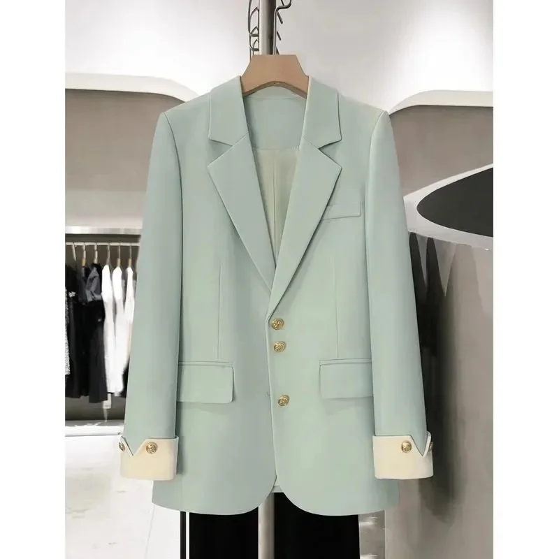 Casaco de terno pequeno de manga comprida feminino, blazer monocromático feminino, jaqueta solta feminina, tops de fivela de linha única, lazer, primavera, outono