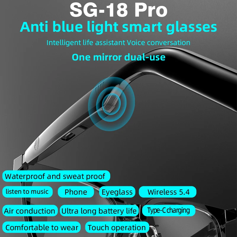 نظارات صوت ذكية جديدة SG-18 Pro مضادة للضوء الأزرق بلوتوث مكالمة نظارات شمسية رياضية خارجية مع ميكروفون ومساعد صوت للمكالمات الموسيقية