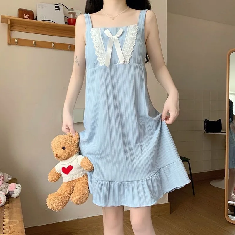 Pajamas Spring Summer Loungewear Padded Camisole Nightdress Girls Lady Pajamas Sweet Cute Sleeveless Sexy Lotus Lace Loungewear