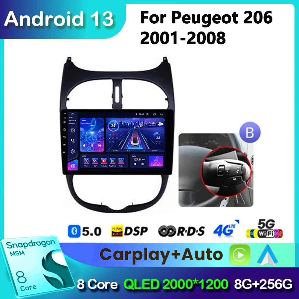 For PEUGEOT 206 206CC 206SW 2001 - 2016 Android Radio Car Multimedia Automotiva Apple Carplay Accessories Pantalla Coche Camera