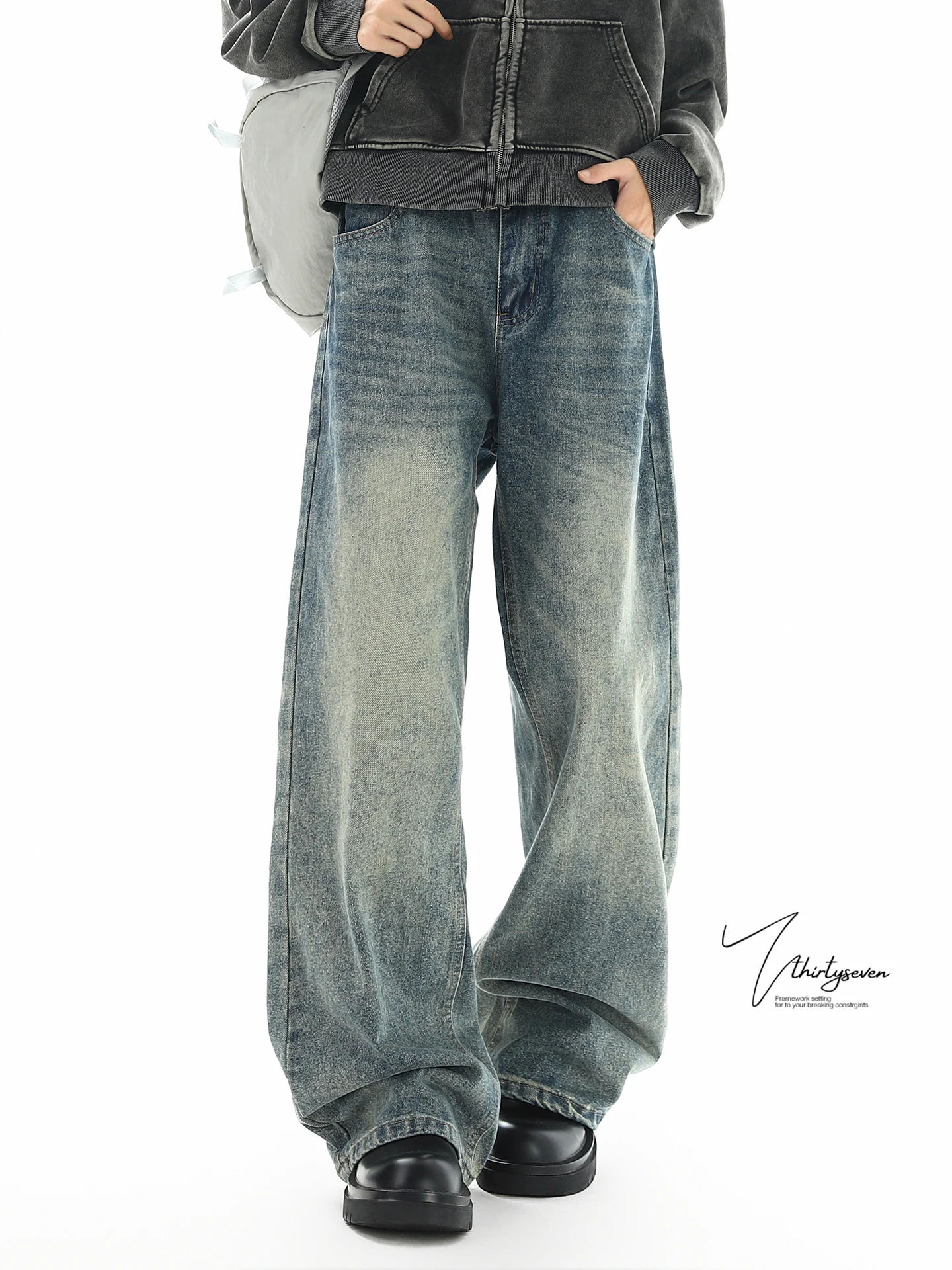 

V37 High Street Vintage Washed Straight Leg Men's Jeans Spring Summer American Style Loose Fit Versatile Long Pants