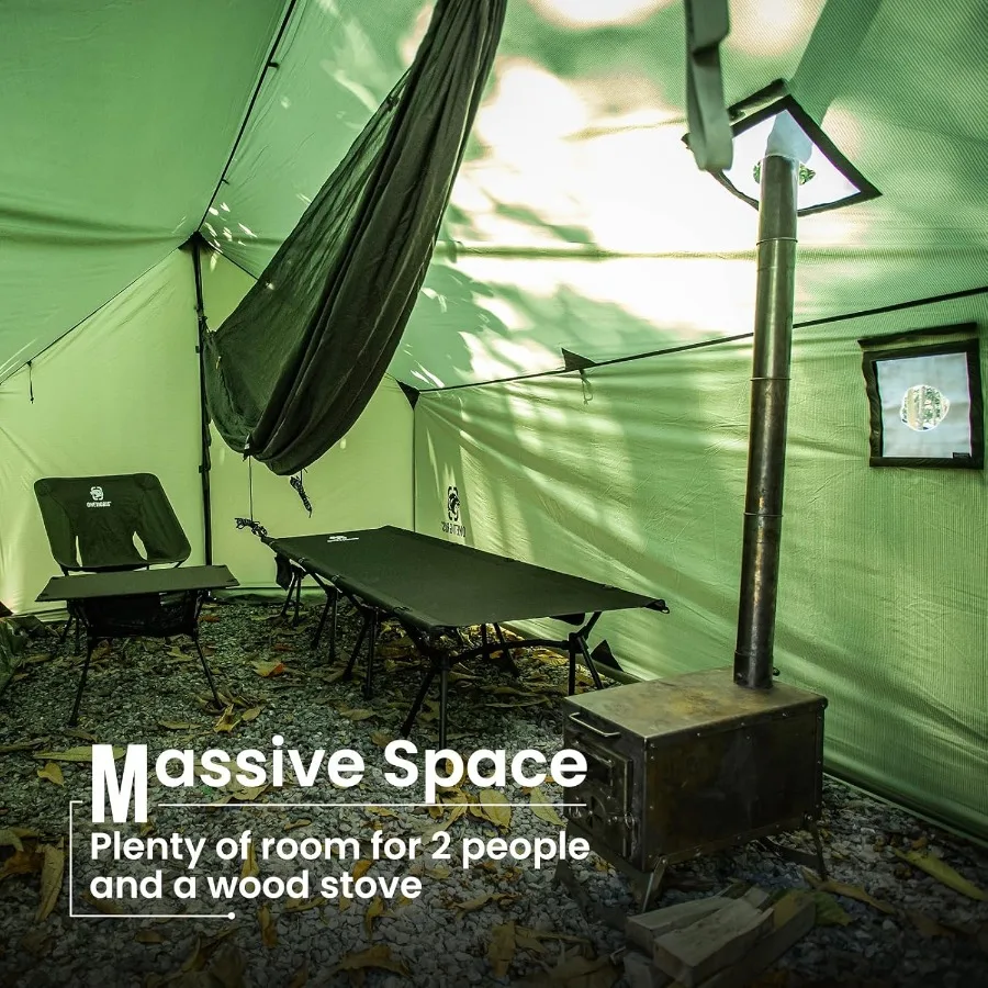 خيمة ساخنة على شكل أرجوحة من TEGIMEN مع مقبس موقد - خيمة حائط واسعة ومتعددة الاستخدامات مع تنورة ثلجية للتخييم في الطقس البارد 3000 مم Waterpr