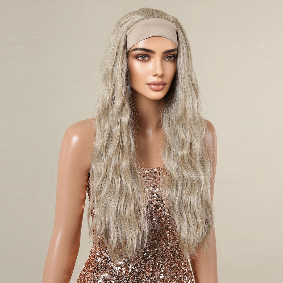 Blonde Synthetic Headband Wigs Long Water Wavy Wig for Women Daily Party Heat Resistant Fiber Natural Looking Realistic Hair