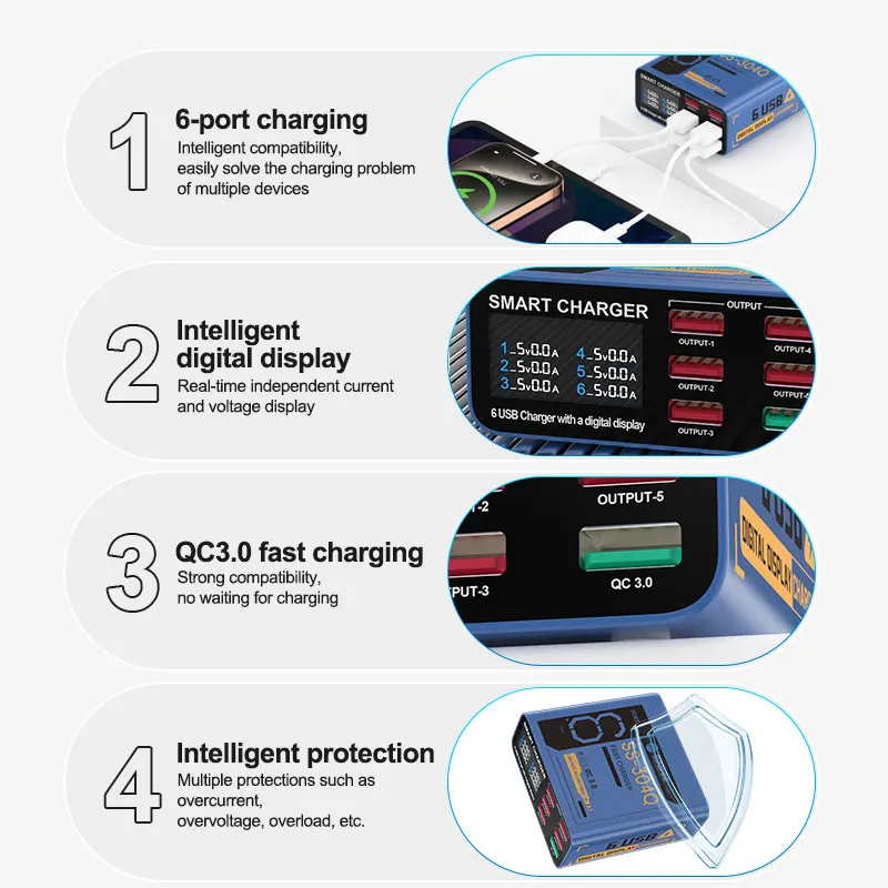 SUSNHINE SS-304Q 6-port Usb Digital Display Fast Charge QC3.0 Smart Fast Charge for Phone Tablet Watch Charging