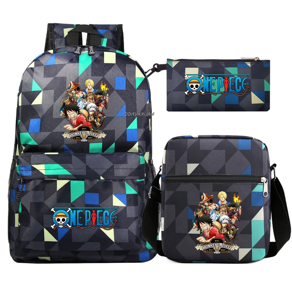 3Pcs Anime One Piece Luffy Boy Girl Kids School Book Bag Travel Backpack Shoulder Bag Pen Bag Men Women