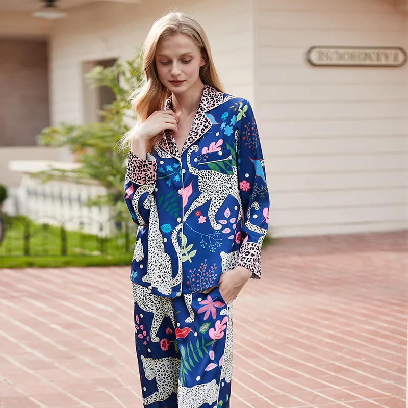 New 2024 Blue Women's Pajamas Set Snow Leopard Print Silk Like Two Pieces Long Sleeve Full Length Pants Trousers Sleepwear 41929