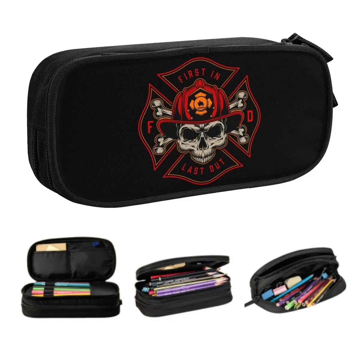 Custom Vintage Firefighter Skull Pencil Case for Boy Girl Big Capacity Fire Rescue Fireman Pen Box Bag Stationery