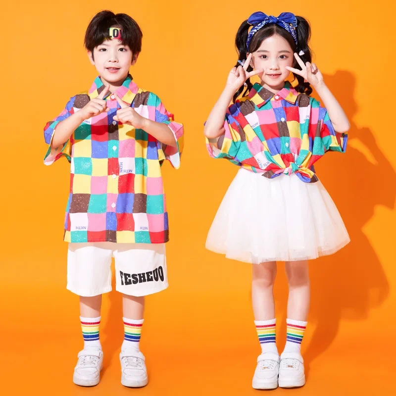 Kinder Cheerleading Gruppe Hip Hop Tanz Kostüm Kinder Tag Jazz Dance Kleidung Jungen Mädchen Top Shorts Röcke Street Dancewear