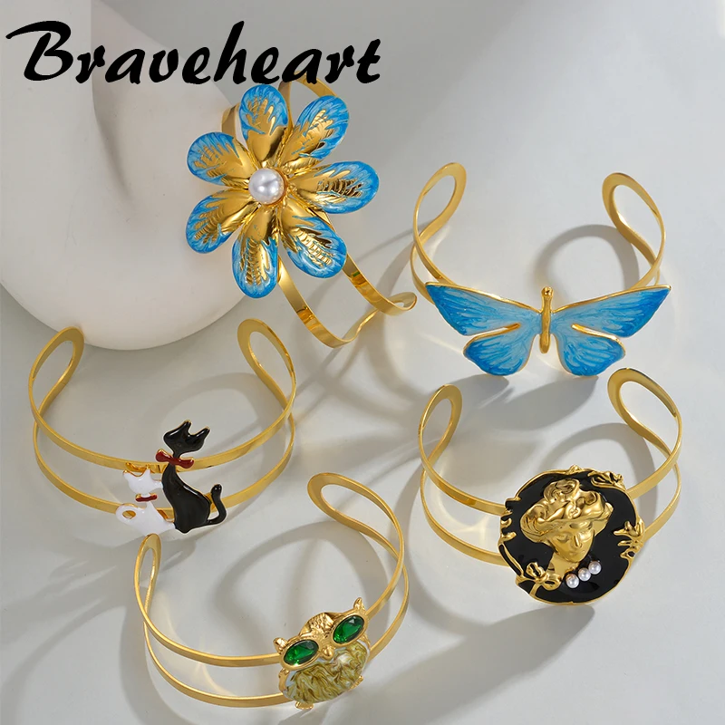 High Quality Metal Open Bangles 2 Lines Butterfly Flower Cat Design For Women Fashion Stainless Steel Bracelet Jewelry Gifts