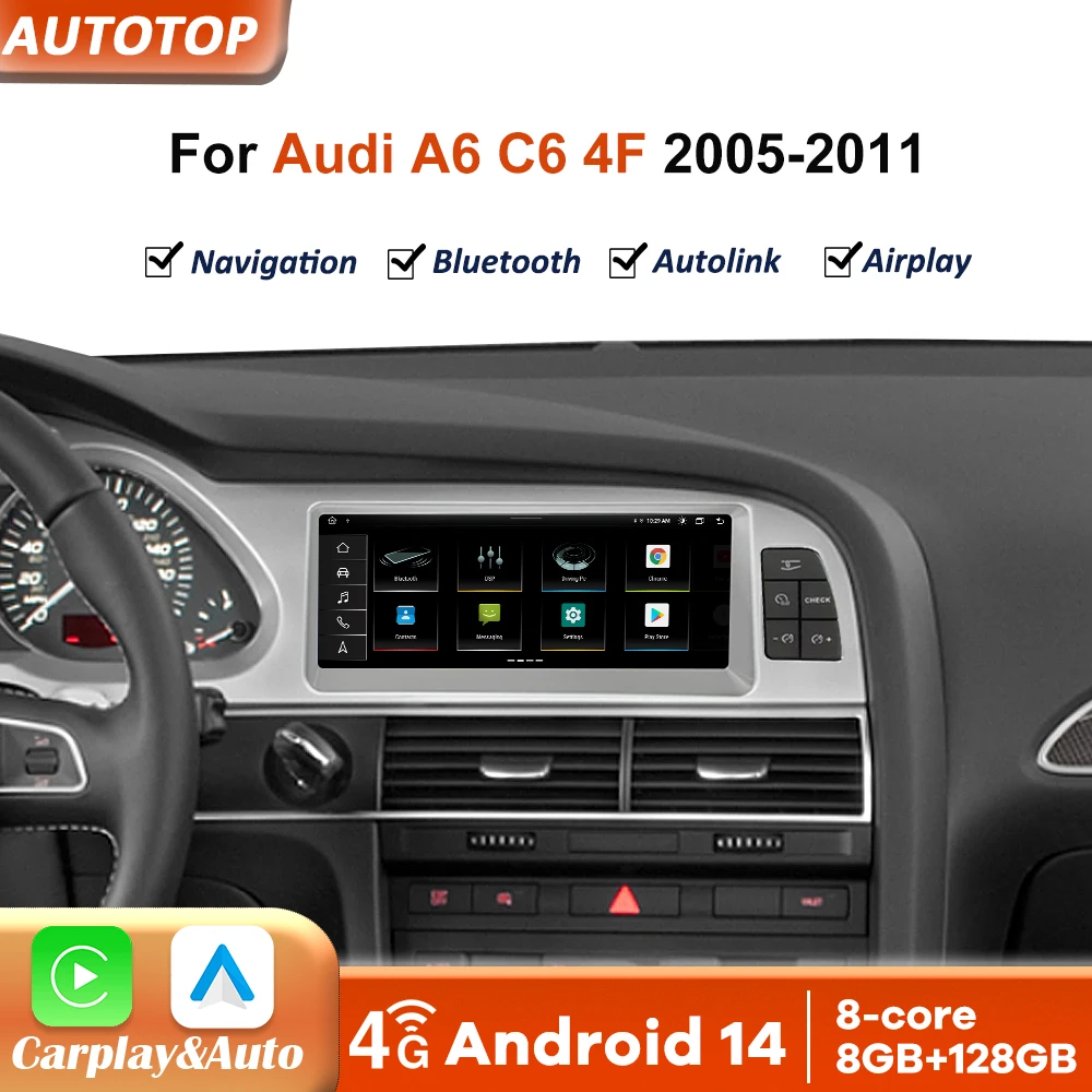 Autoradio multimediale con touchscreen da 8,8 pollici, Android 14, Android Auto wireless, CarPlay, per Audi A6 C6 4F 2005-2011, GPS, 4G, stereo.