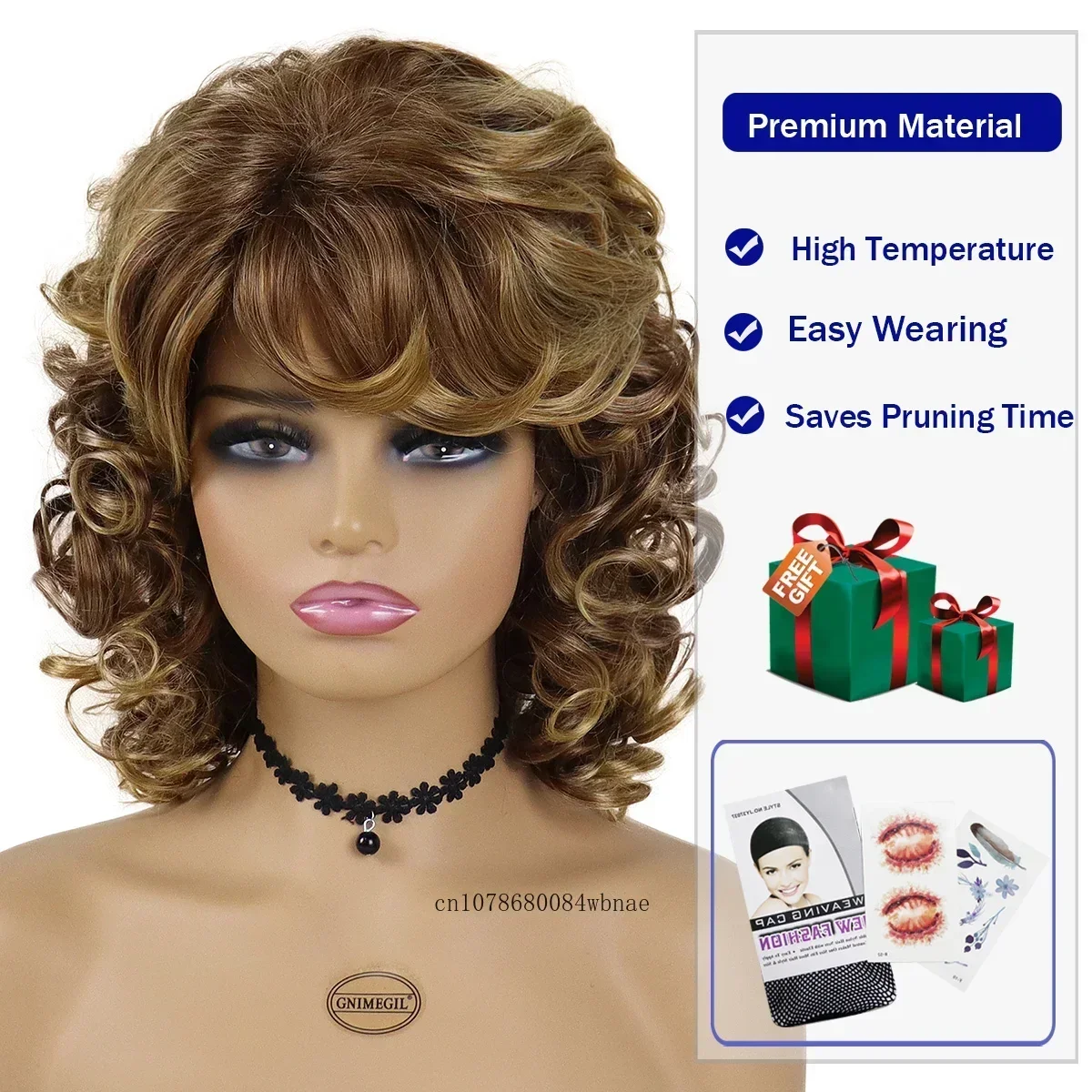 Mix Blonde Synthetic Wigs with Bangs Natural Fluffy Soft Bouncy Curly Wig for Women Ladies Daily Costume Cosplay Party Fake Hair image 5