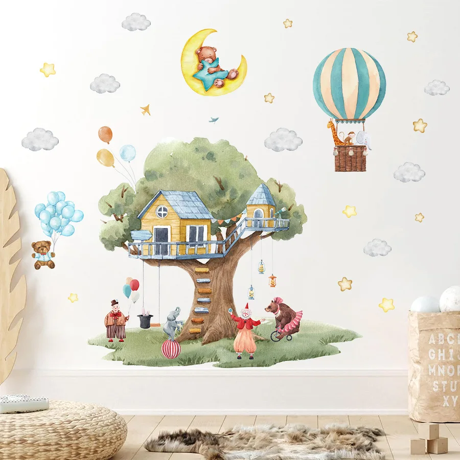 Cartoon Tree House Circus Animal Hot Air Balloon Wall Sticker Self-Adhesive for Kids Room Boys Bedroom Nursery Classroom Decor