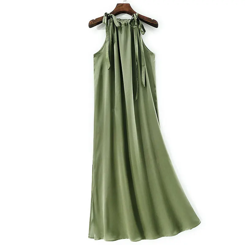 BirdTree-Silk Elegant Vest Dress, Halter Sleeveless Loose Waist, Women Fashion Sexy Commute Solid Dresses, 2025 Autumn D5O894CC