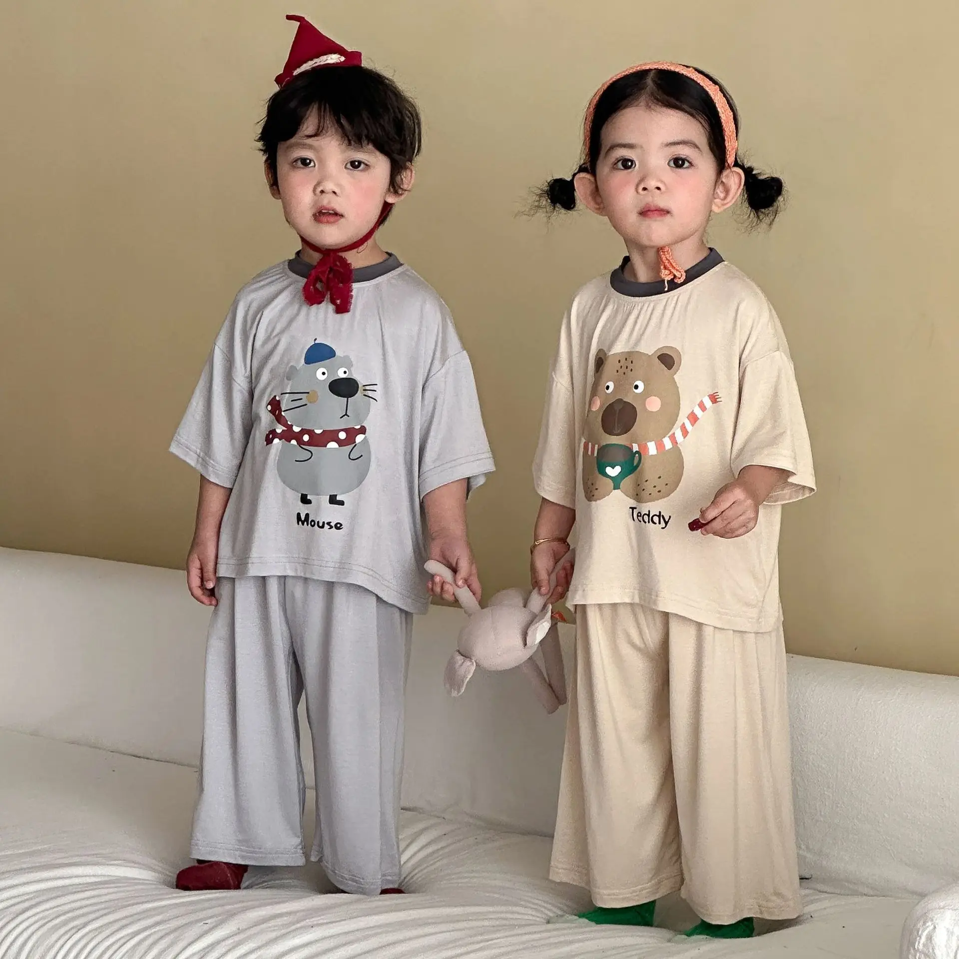 2026 Summer New Children Short Sleeve Home Clothes Set Boys Girls Cartoon Print Modal 2pcs Suit Kids Comfortable Pajamas Outfits