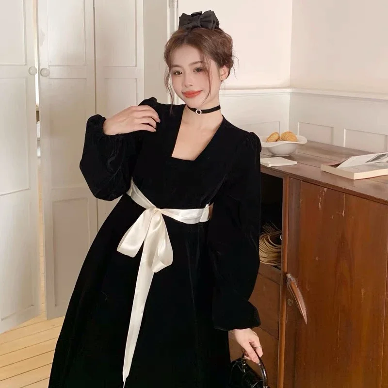 Long Sleeve Mini Dress Women Velvet Bow Elegant Fashion Temper Gentle All-match Vintage Streetwear Korean Style A-line Vestidos