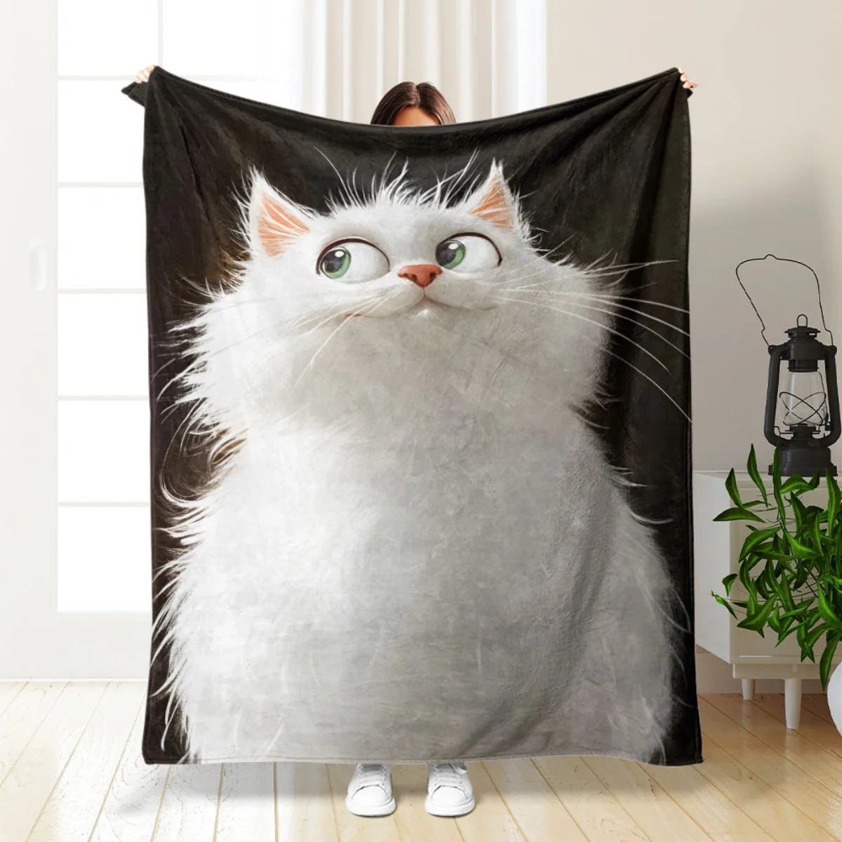 بطانية فانيلا لطيفة مطبوعة على شكل قطة بيضاء - دافئة وناعمة، مثالية للأرائك والأسرة وغرف المعيشة والمكاتب والسفر بشكل خاص #1