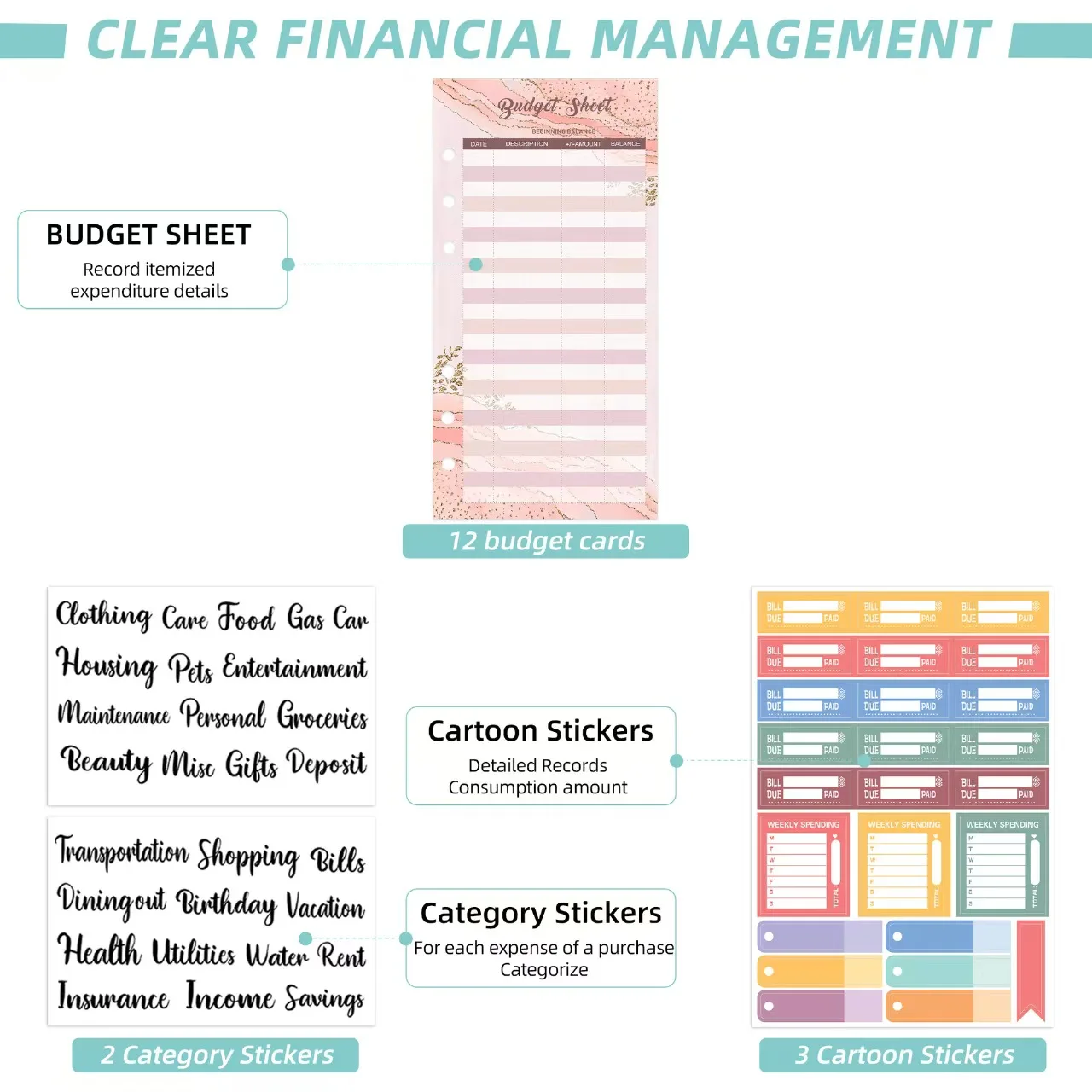 ميزانية سحاب مطورة جديدة هذا المجموعة، مجلد جلد PU ملون A6، توفير المال للمنظمين/المخططين