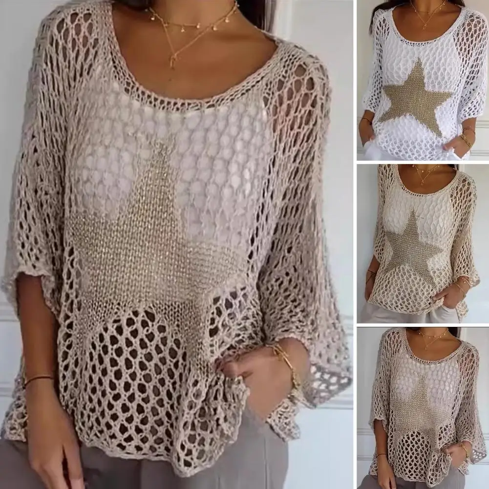 Crochet Fishnet Blouse Stylish Women\'s Crochet Tops O-neck Fishnet Knit Blouse V-neck Sweater Pullover Summer for Fashionable