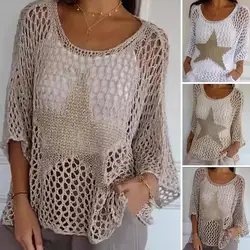 Blusa de rejilla de ganchillo con cuello redondo para mujer, suéter de punto con cuello en V, jersey de verano a la moda