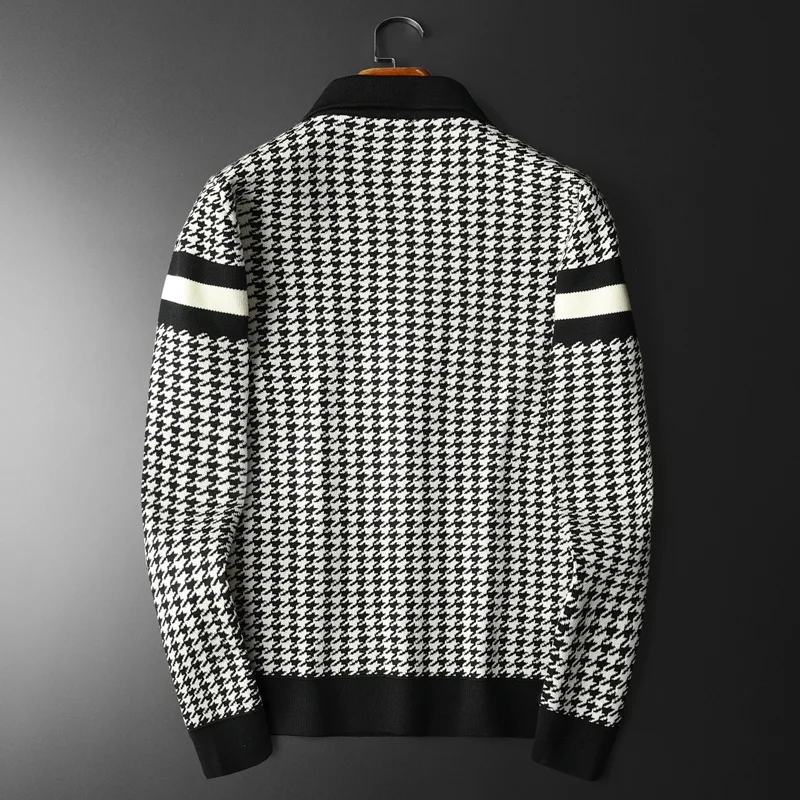 High Quality Houndstooth Knitted Sweater Cardigan Buttons Decorative Jacket Men Lapel Long Sleeve Jacket Men Casual Jacket Coat