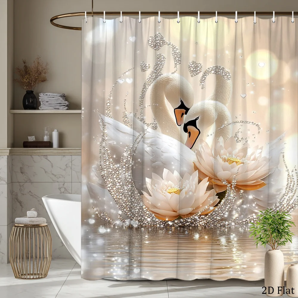 Elegant Swan Shower Curtain - White Lotus & Glittering Sparkle Design, Romantic Bathroom Decor, Waterproof Fabric Bath Curtain