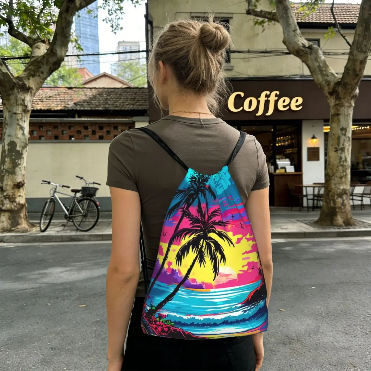 Summer Beach Sunset Palm Tree Design Backpacks Portable Drawstring Bags Sports Bag Book Bags for Man Woman Students