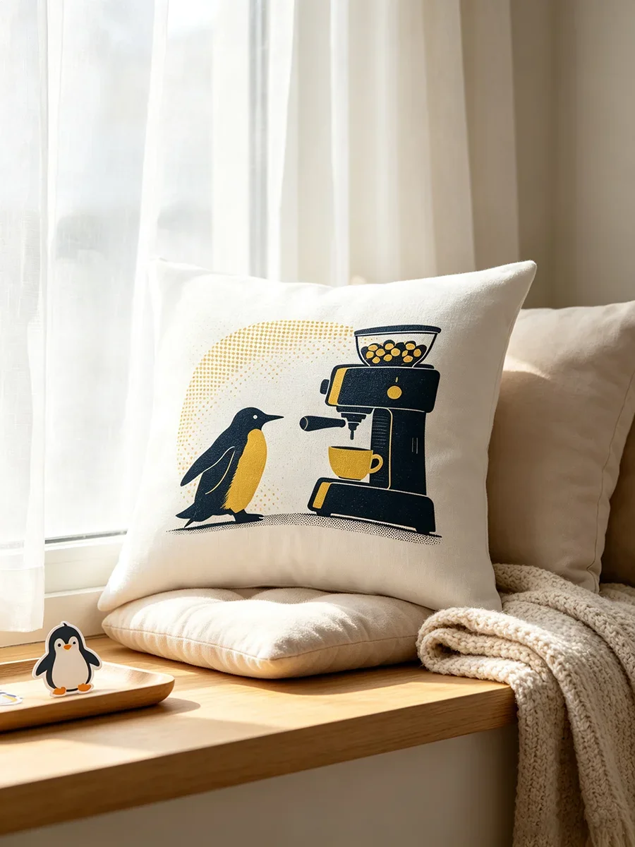 1PC Digital Print Pillow Cover, Blue Yellow Penguin with Coffee Machine, Minimalist Halftone Cushion Case for Kitchen Cafe Decor