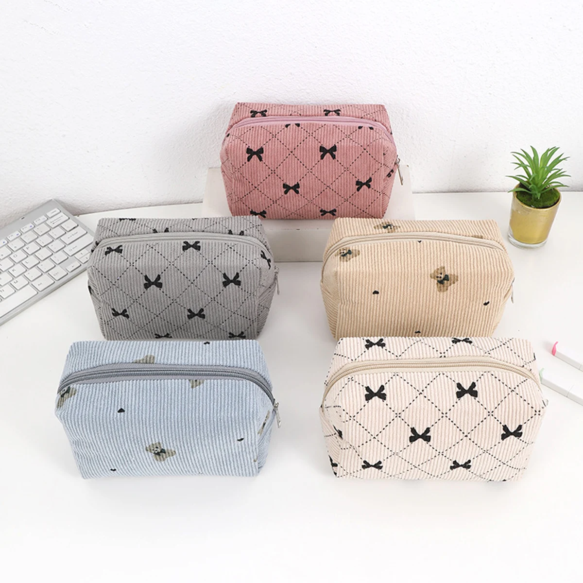 Corduroy Pencil Case Stationery Bow Pencil Cases Large Capacity Pen Bag Cosmetic Organizer Portable School Supplies Pencil Pouch