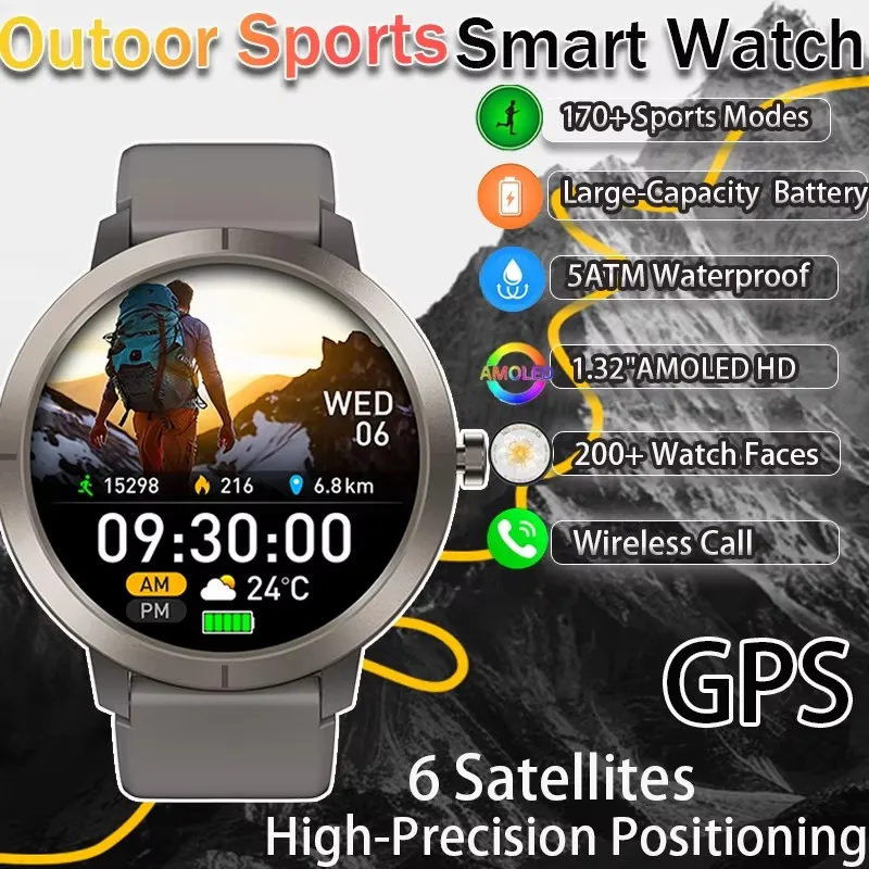 Outdoor GPS Smart Watch with AMOLED 1.32inch Display BT Call 5ATM Waterproof 170 Sport Modes 360mAh Battery for Men And Women